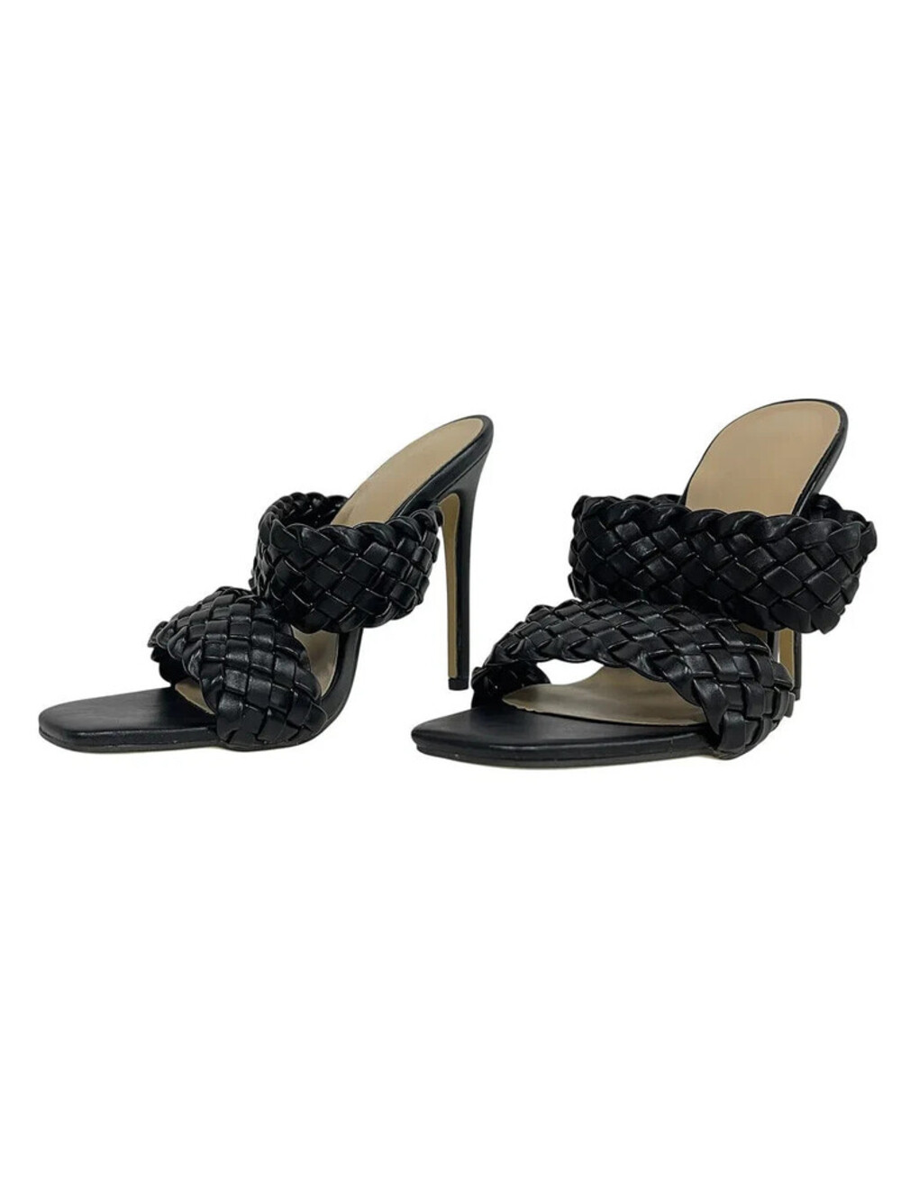 Marcella Black Woven Heels 6.5 Mule Sandals Stiletto 4.5” New In Box